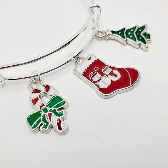 Silver Christmas Charm Bracelet, Candy Cane, Stocking, and Tree Charms - Picture 10 of 11